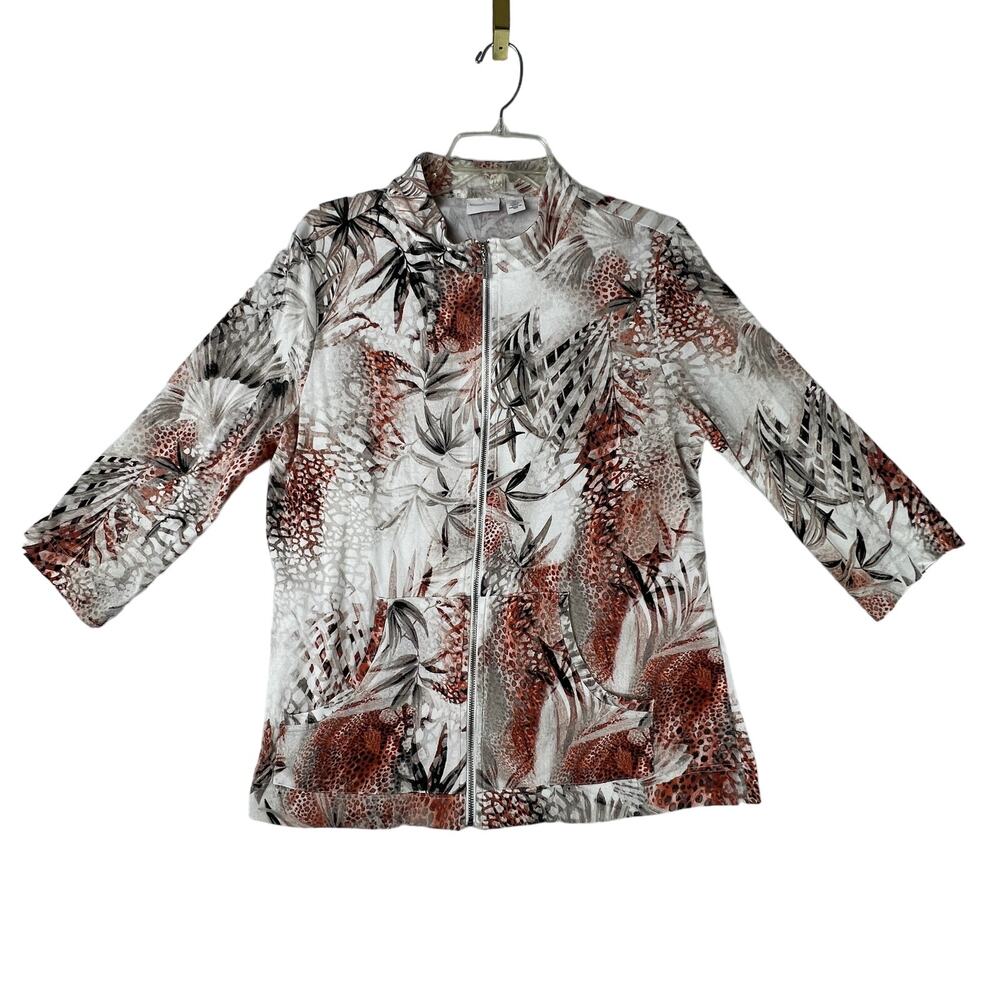 WEEKENDS BY CHICOS Womens Large 2 Abstract Tropical Zip Jacket 3/4 Sleeve